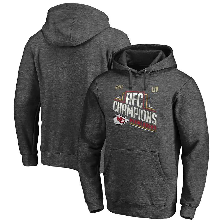 Men Kansas City Chiefs NFL Pro Line by Fanatics Branded 2019 AFC Champions Trophy Collection Locker Room Pullover Hoodie Heather Charcoal